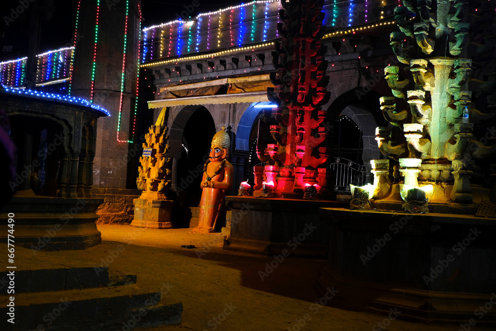 24 October 2023, Devotee at Jejuri fort, night Scene at Khandoba Temple Jejuri, dussehra in festival in night time, Maharashtra, India.