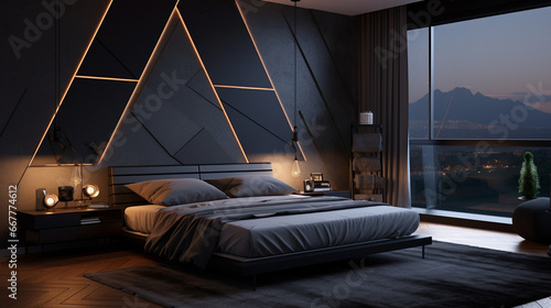 Modern bedroom in dark shades with a wall of lights