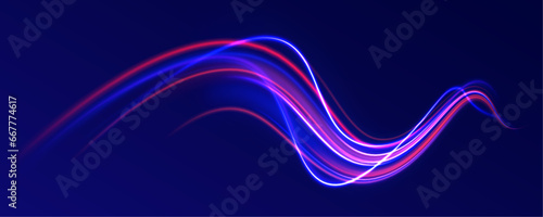 Neon line as speed or arc, turn, twist, bend in light effect. Light arc in neon colors, in the form of a turn and a zigzag. Expressway in long delay, with car lights at night on autobahn. 