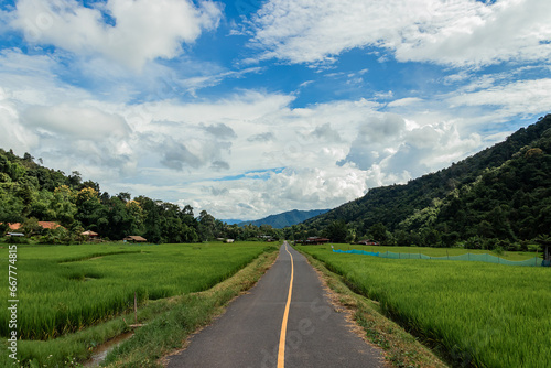 Country road or mountain middle road, Beautiful blue sky and cloud with green tree.