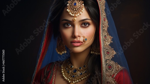 Portrait of a beautiful Indian girl in traditional costume with Kundan jewelry. in happy Diwali