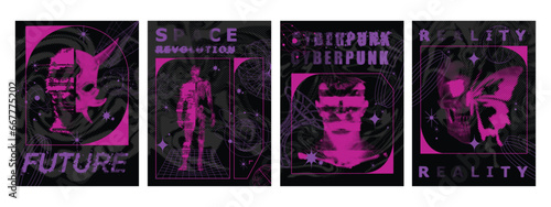 Retro futuristic poster set, y2k cyberpunk space aesthetic print, vector brutalist sci-fi clipart. 2000’s cyber halftone t-shirt collection, cyborg human figure, fiction pixel skull. Retro futuristic