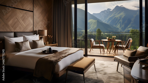 Modern Stylish Hotel Room with Balcony and Breathtaking Mountain view,inside bed tea, balcony view, mountain hotel architecture concept	 photo