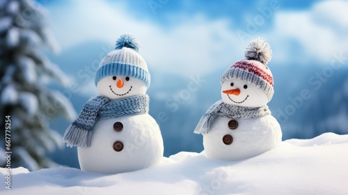 Knitted snowmen adorn a snowy scene with a blue backdrop. © sopiangraphics