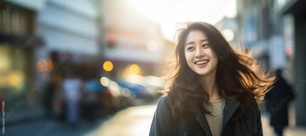 Fototapeta premium Asian woman smiling happy face on city street