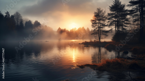 Misty sunrise over a lake surrounded by trees