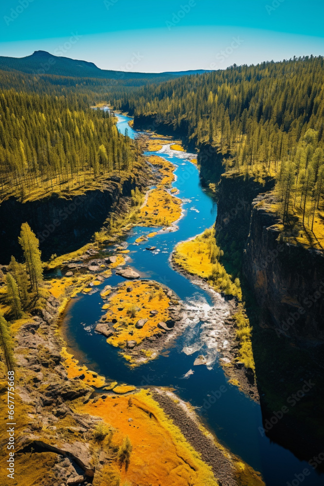 Fototapeta premium Color photo of Oulanka National Park in Finland, captured from a drone. The drone hovers above, providing a unique aerial perspective of this breathtaking natural wonder