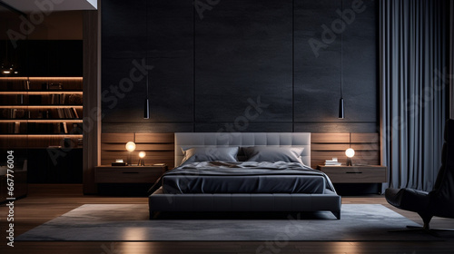 Modern bedroom in dark shades with a wall of lights © Thisa