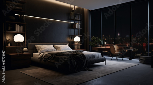 Modern bedroom in dark shades with a wall of lights