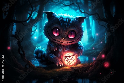 Anime cheshire cat glowing with dim light from within. Generative AI
