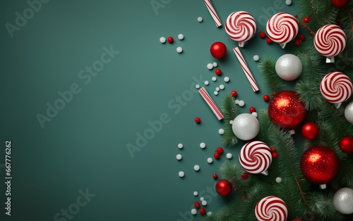 Christmas and New Year background with lollipops Christmas tree branches and decor ball. AI, Generative AI