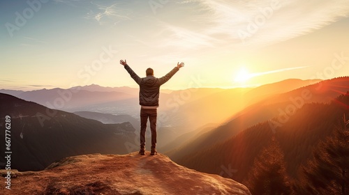 Positive man celebrating with arms raised up at Mountain landscape at sunset, Generative AI © kanesuan