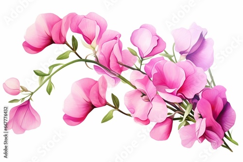 Hand-painted pink sweet pea flowers illustration isolated on white background. Ideal for print  invitation  greeting card. Generative AI