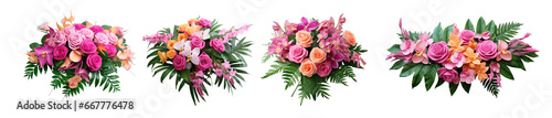 Collection of pink flower bouquets with dusty pink and cream roses  peonies  hydrangeas  and tropical leaves. Spring bouquets isolated on a transparent background. PNG  cutout  or clipping path.