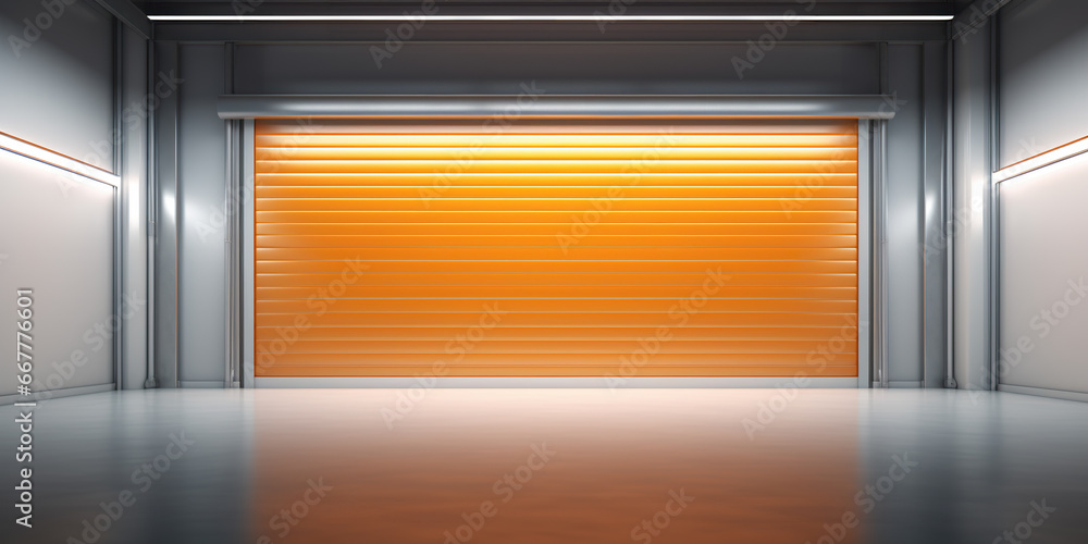 Roller door or roller shutter, concrete floor in industrial building i.e. modern factory, plant, warehouse, shop, garage or store. Include lighting at night. Nobody and empty space for background. Roller door or roller shutter, concrete floor in industrial building i.e. modern factory, plant, warehouse, shop, garage or store. Include lighting at night. Nobody and empty space for background.