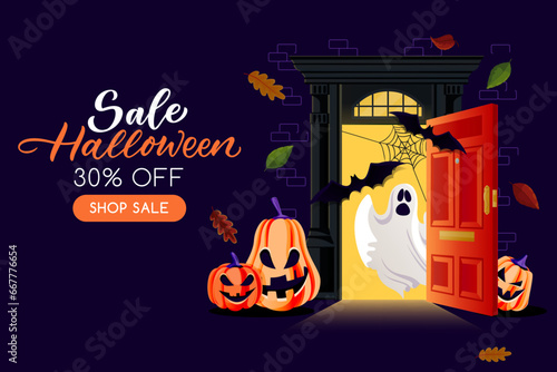 Night background with open door with ghost and pumpkin lanterns. Vector illustration. Halloween holiday poster, banner