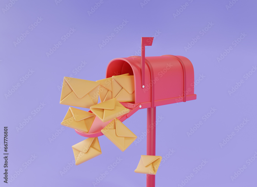 Mail box with mail icon floating on purple background. envelope, Newsletter, Postbox, sms, email, Post office, Mail delivery concept. 3d rendering illustration. Minimal cartoon style Mail box with mail icon floating on purple background. envelope, Newsletter, Postbox, sms, email, Post office, Mail delivery concept. 3d rendering illustration. Minimal cartoon style