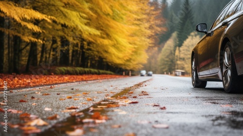 Autumn scene with a car on a park road.