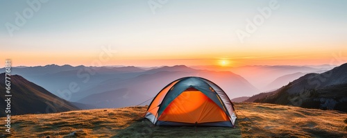 tent at Mountain landscape at sunset, Generative AI