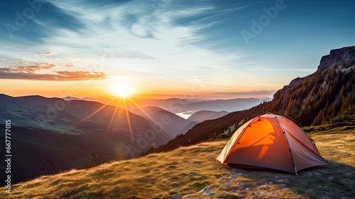 tent at Mountain landscape at sunset, Generative AI © kanesuan