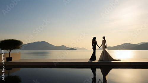 Gay Wedding and joyful celebration on the French Riviera, two women in wedding dresses on the terrace of an architect's villa with view of the sea at sunset, wedding photoshoot in summer on the coast photo