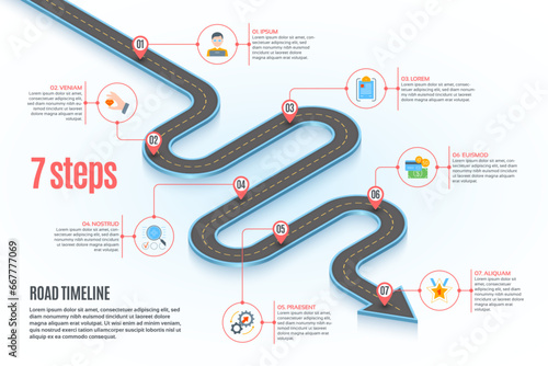 Isometric navigation map infographic 7 steps timeline concept. Winding road.