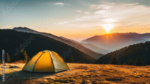 tent at Mountain landscape at sunset, Generative AI