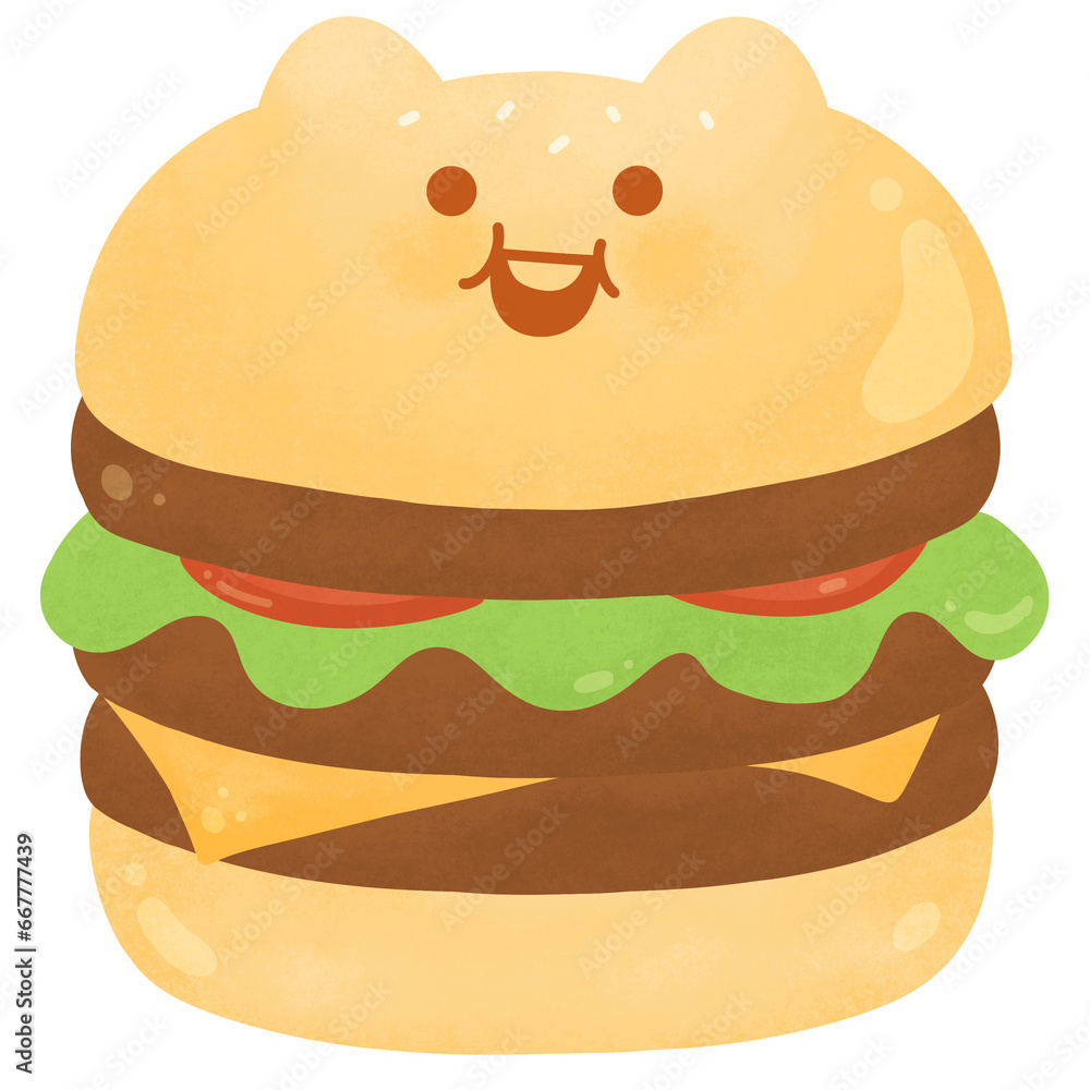 Cute Kawaii cat bread bun cheeseburger fast food happy character American food Cute Kawaii cat bread bun cheeseburger fast food happy character American food