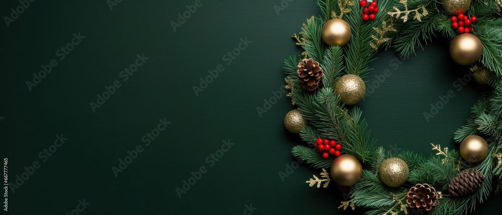 minimalistic green background with christmas wreath with empty copy space 