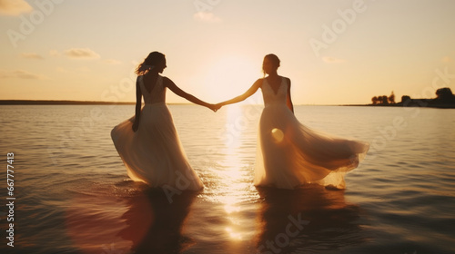 two bride on the beach at sunset, lovers hold hands in wedding dress, a wonderful moment of life, memory of gay marriage photo
