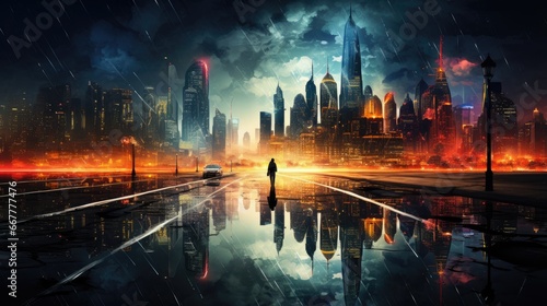 fire and water. night view. reflections.  mirror reflection of the city.  city ​​irrigation