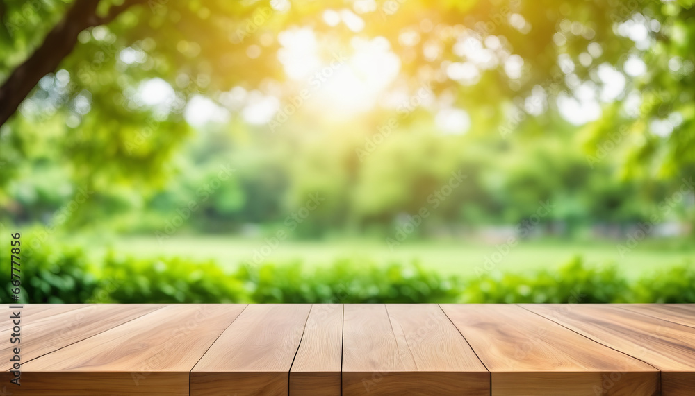 An empty wooden table with a blurry background of a lush green garden