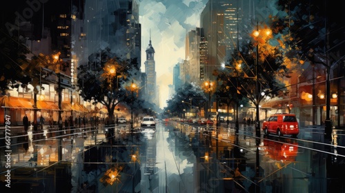 night in the city. reflections.  mirror reflection of the city.  city ​​irrigation