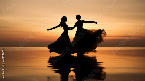 
two young brides in wedding dresses dancing hand in hand on the beach at sunset, sublime landscape at sunset with the silhouette of a woman photo