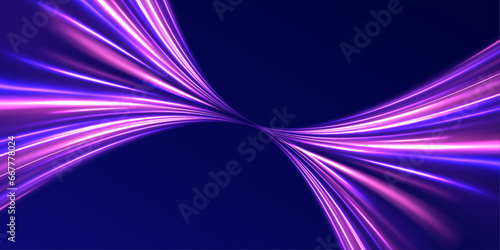 Neon line as speed or arc, turn, twist, bend in light effect. Light arc in neon colors, in the form of a turn and a zigzag. Abstract background in blue, yellow and orange neon colors.	 photo