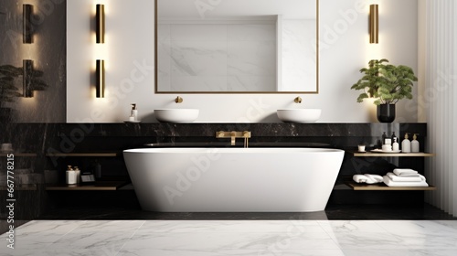 A luxurious bathroom interior with white walls and black tiled flooring.
