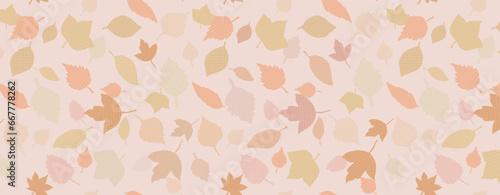 Floral texture with leaves in pale pink, brown, orange color in naive style.