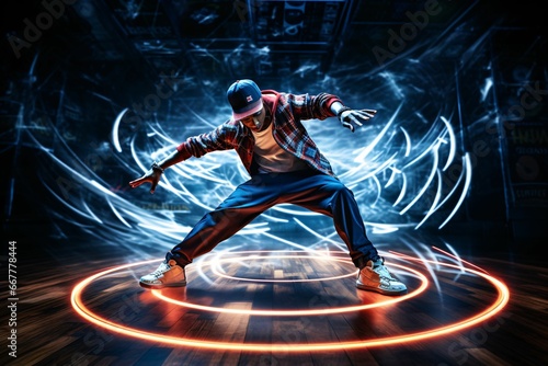 a breakdancer spinning, the uniqueness of the move emphasized by long exposure, where beams of focus light shape a hypnotic pattern on the floor photo