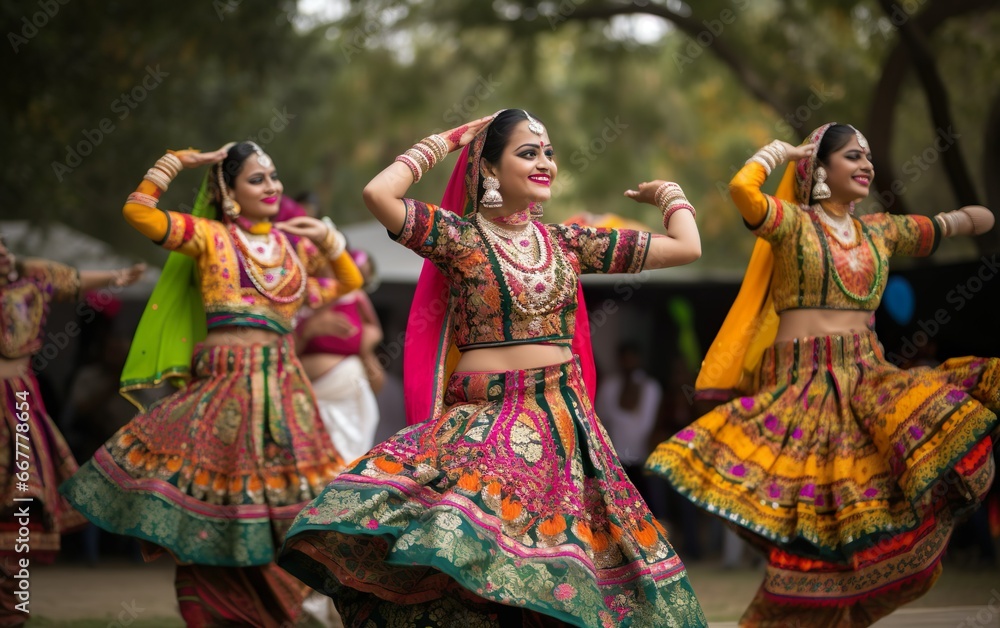 Indian woman Dandiya dancers. AI, Generative AI