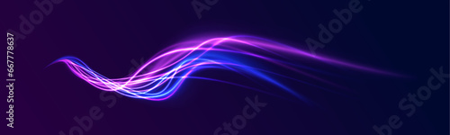 High-speed light trails effect. Futuristic dynamic motion technology. Neon color glowing lines background, Purple glowing wave swirl, impulse cable lines. © ANATOLII