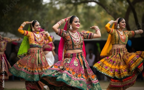 Indian woman Dandiya dancers. AI  Generative AI