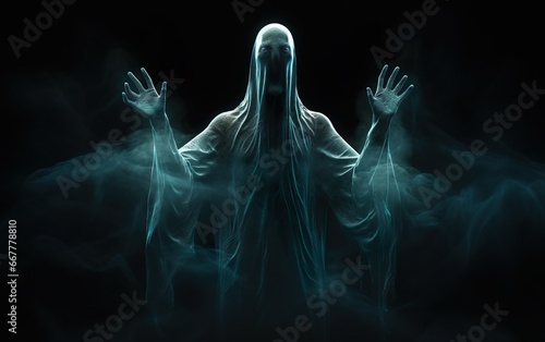 Wallpaper Mural White ghost with rising hands on black background. AI, Generative AI Torontodigital.ca