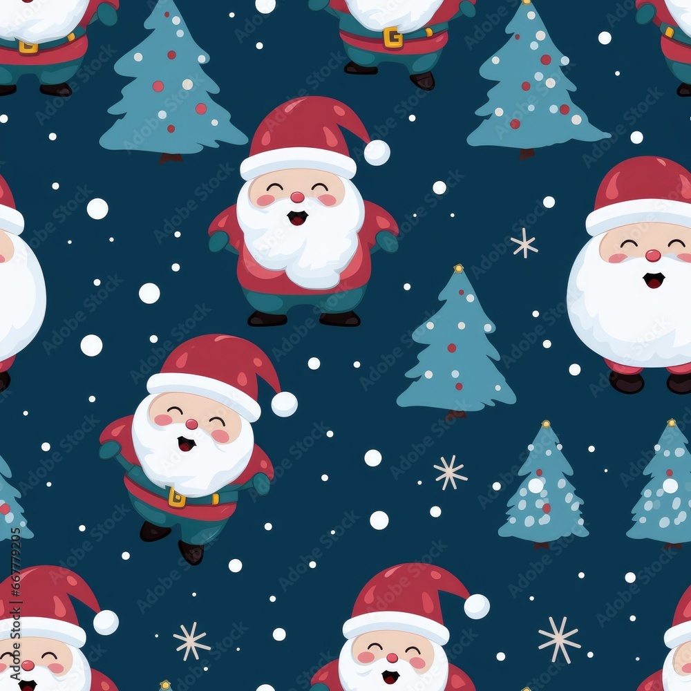 Seamless pattern with christmas tree, santa cros, gifts and snowflakes on green background.