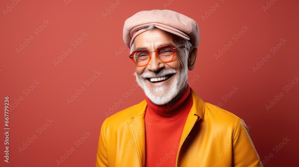 Happy elderly man in colorful suit Wear sunglasses and extravagant style, Laugh and smile happily. Happy elderly man in colorful suit Wear sunglasses and extravagant style, Laugh and smile happily.