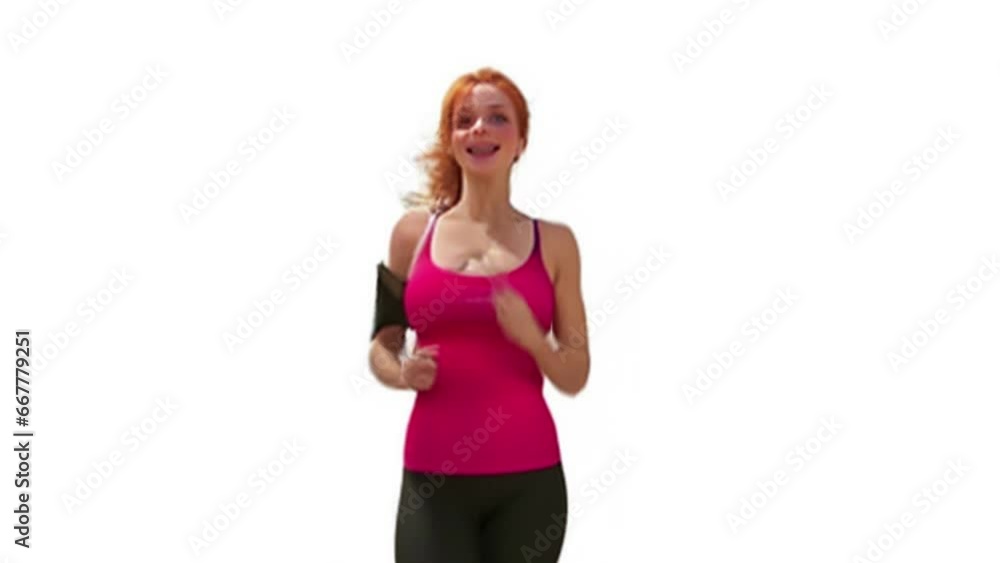 Ginger athletic girl jogging on a white background, isolated. Generative AI Ginger athletic girl jogging on a white background, isolated. Generative AI
