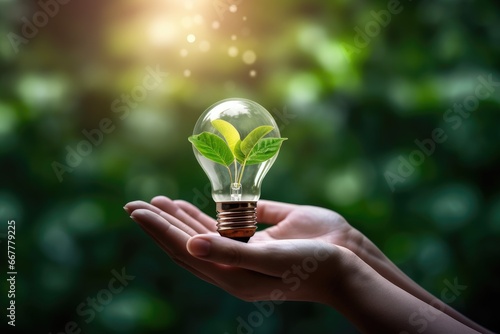 Tree growinig inside on a lightbulb In green forest with warm sunlight. concept save world and energy.