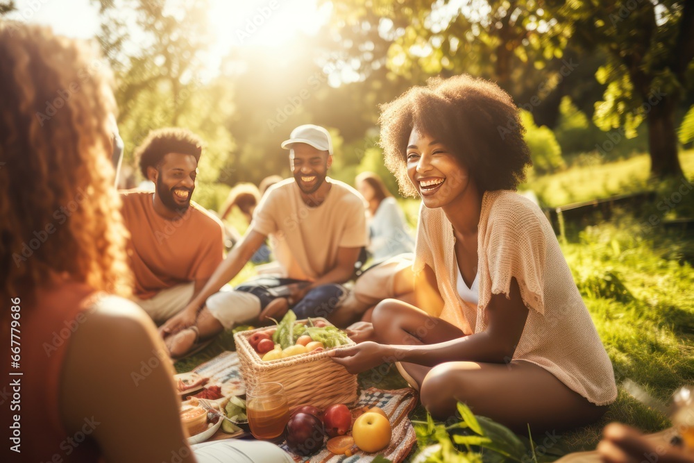 Friends Enjoy a Plant-Based Picnic: Promoting Sustainability and Wellness