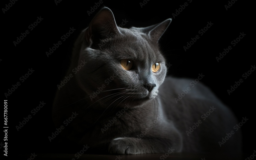 Studio portrait of relaxing dark gray cat on dark background. AI, Generative AI