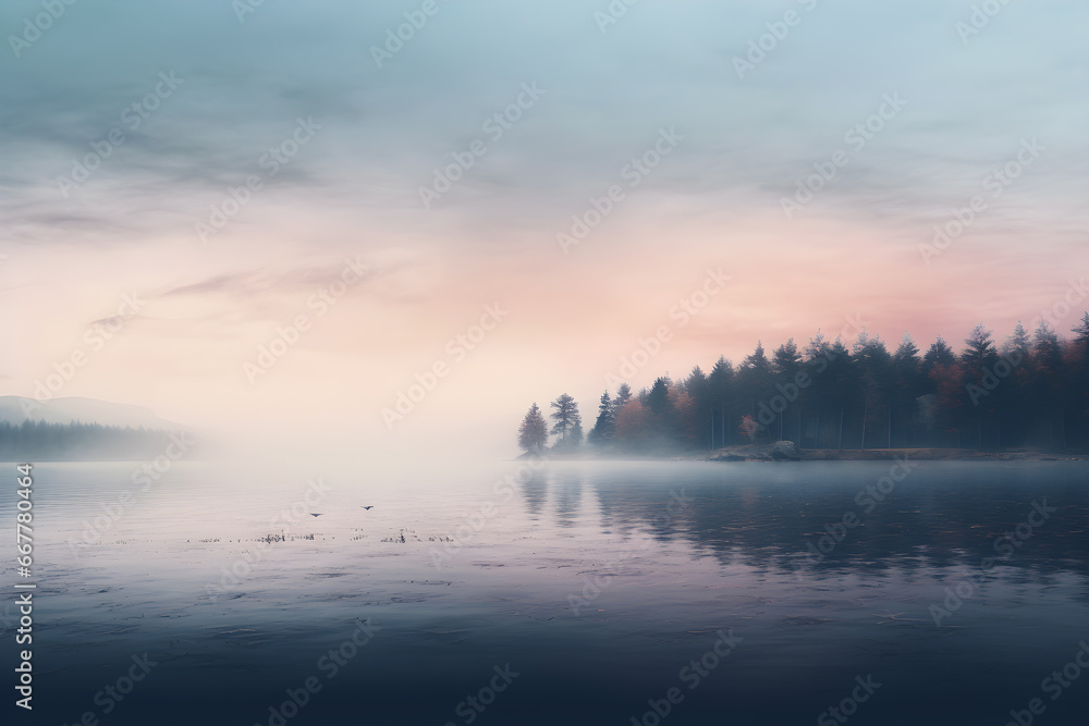 Foggy sunrise near the lake. Misty lake in the early morning. fog in the morning forest. 