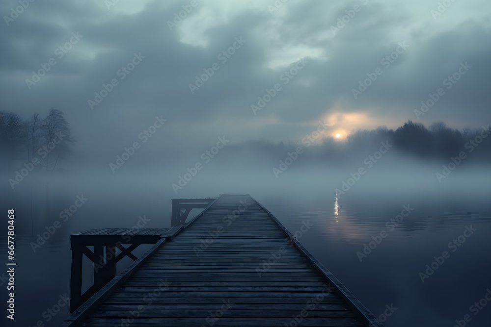Foggy sunrise near the lake. Misty lake in the early morning. fog in the morning forest. The wooden bridge is a foreground. 